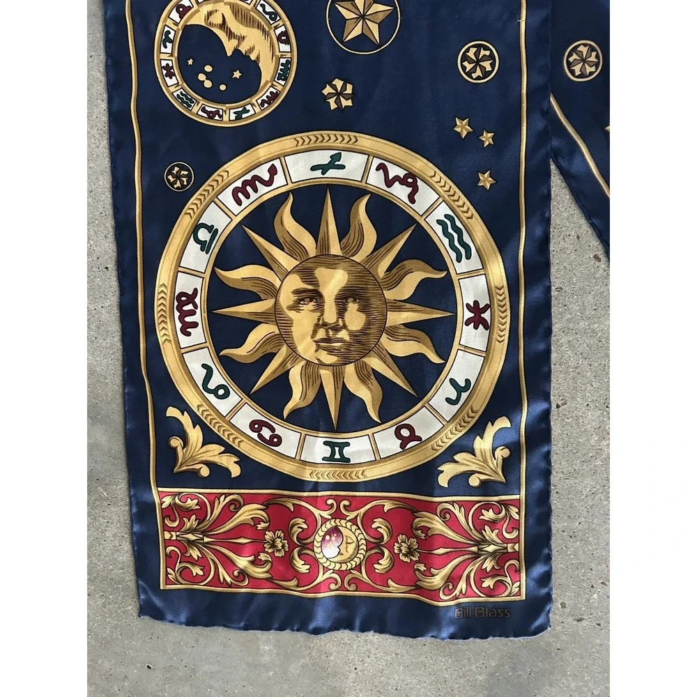 Vintage Zodiac Celestial Silk Scarf NWT Bill Blass‎ Navy Gold